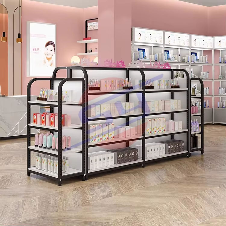 Customized Double Sided Retail Metal Supermarket Display Racks Wooden Steel Commercial Display Racks