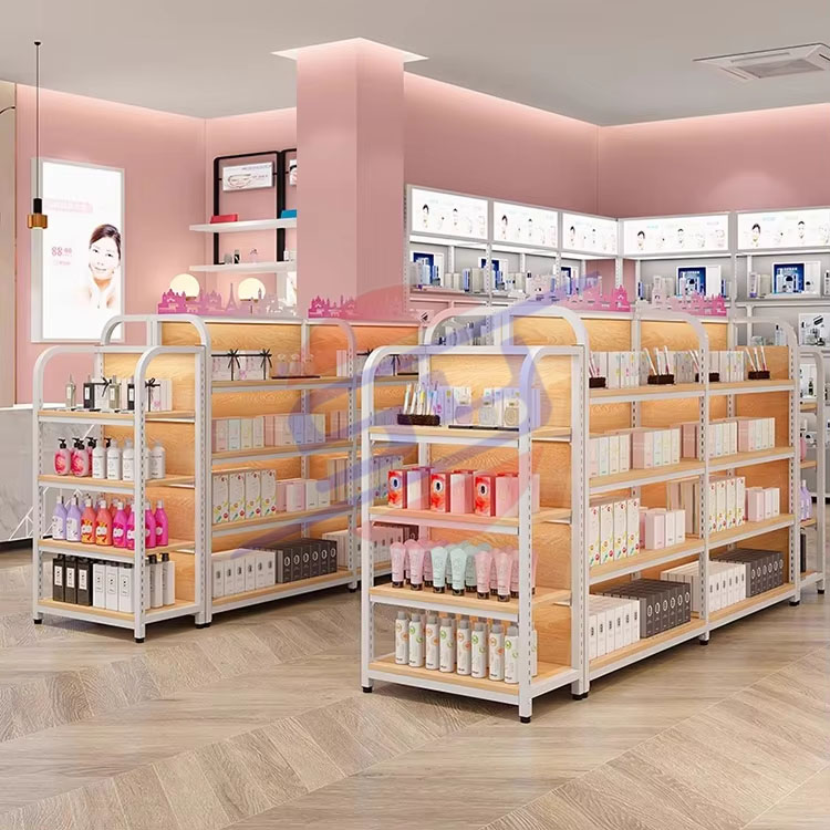 Customized Double Sided Retail Metal Supermarket Display Racks Wooden Steel Commercial Display Racks