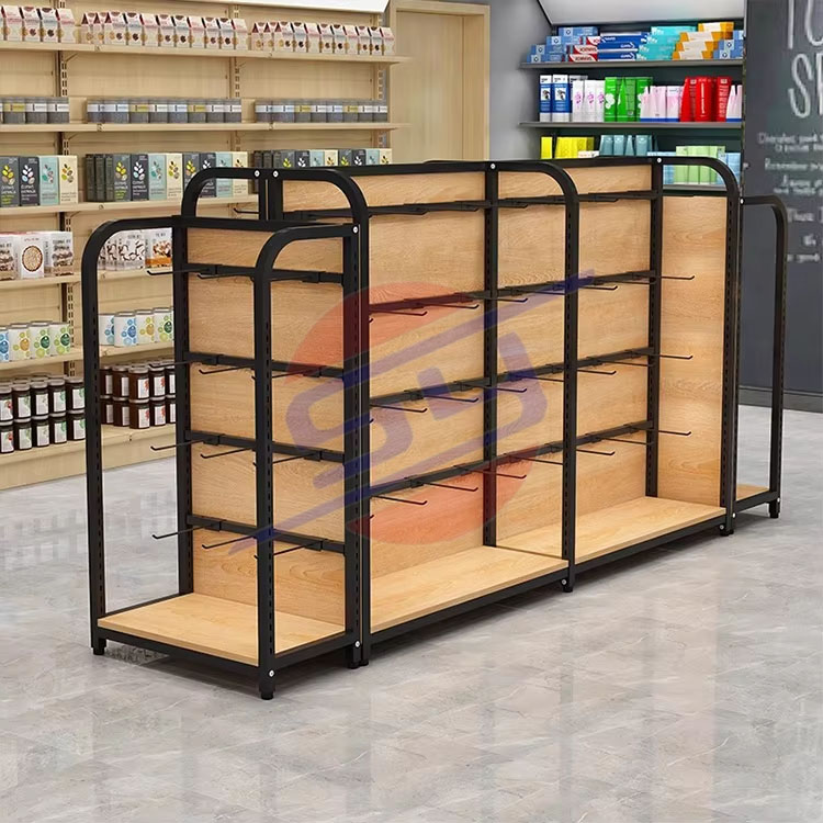 Customized Double Sided Retail Metal Supermarket Display Racks Wooden Steel Commercial Display Racks