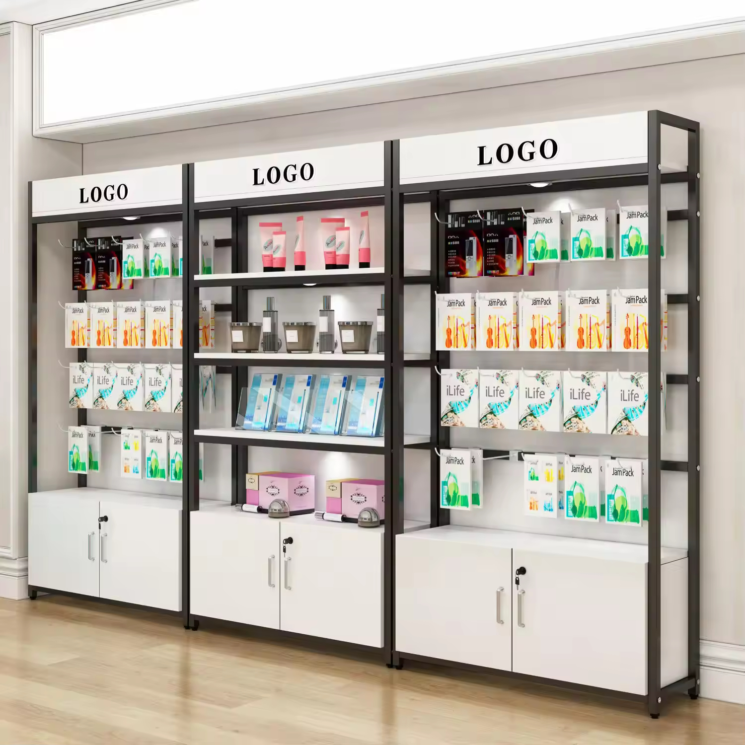 Modern Heavy Duty Double Sided Metal and Wood Shelving Retail Stores Suitable for Grocery Store Pharmacy Bookstore Displays