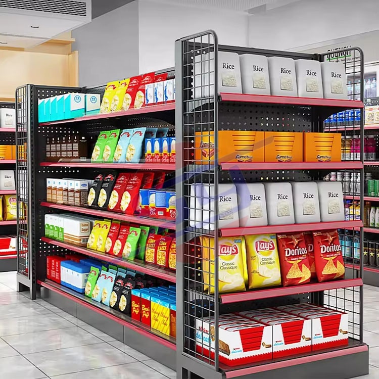 Modern Heavy Duty Double Sided Metal and Wood Shelving Retail Stores Suitable for Grocery Store Pharmacy Bookstore Displays