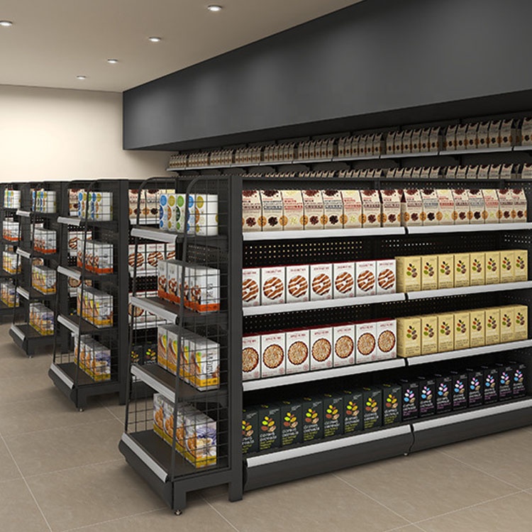 Modern Heavy Duty Double Sided Metal and Wood Shelving Retail Stores Suitable for Grocery Store Pharmacy Bookstore Displays