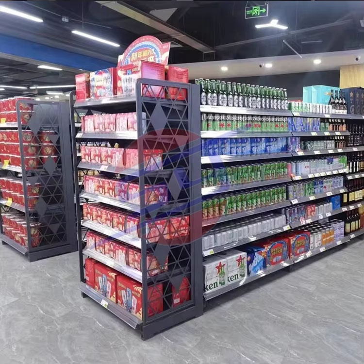 Modern Heavy Duty Double Sided Metal and Wood Shelving Retail Stores Suitable for Grocery Store Pharmacy Bookstore Displays