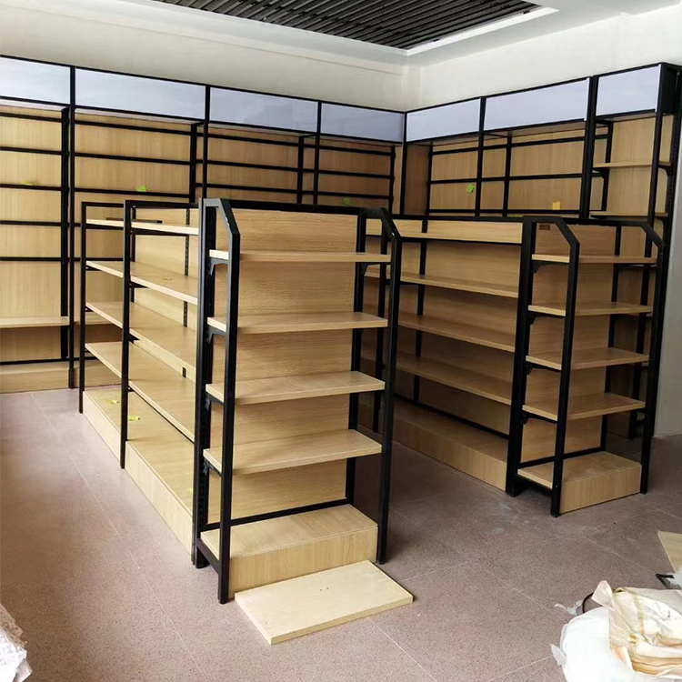 Steel-Wood Combined Frame Metal Shelf for Supermarket General Store Stationery Store With Light-Equipped Option