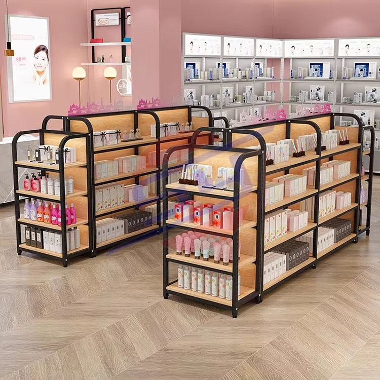 Customized Double Sided Retail Metal Supermarket Display Racks Wooden Steel Commercial Display Racks