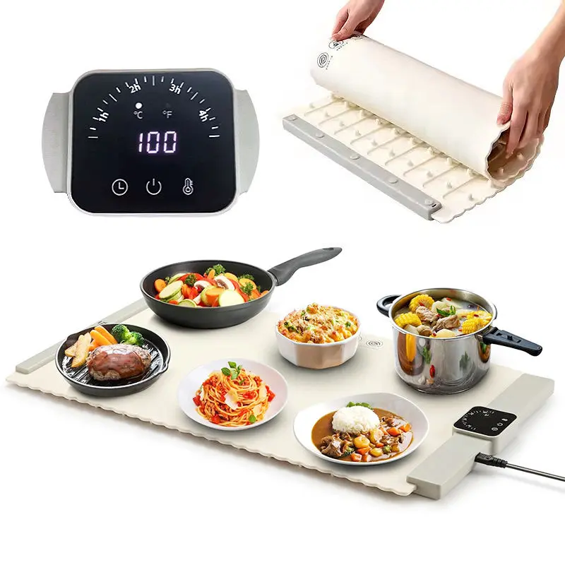 Custom Logo Portable Kitchen Foldable Roll up Heating Pad Electric Warming Tray for Food Warmer Silicone Heating Mat with 5 Temperature Settings