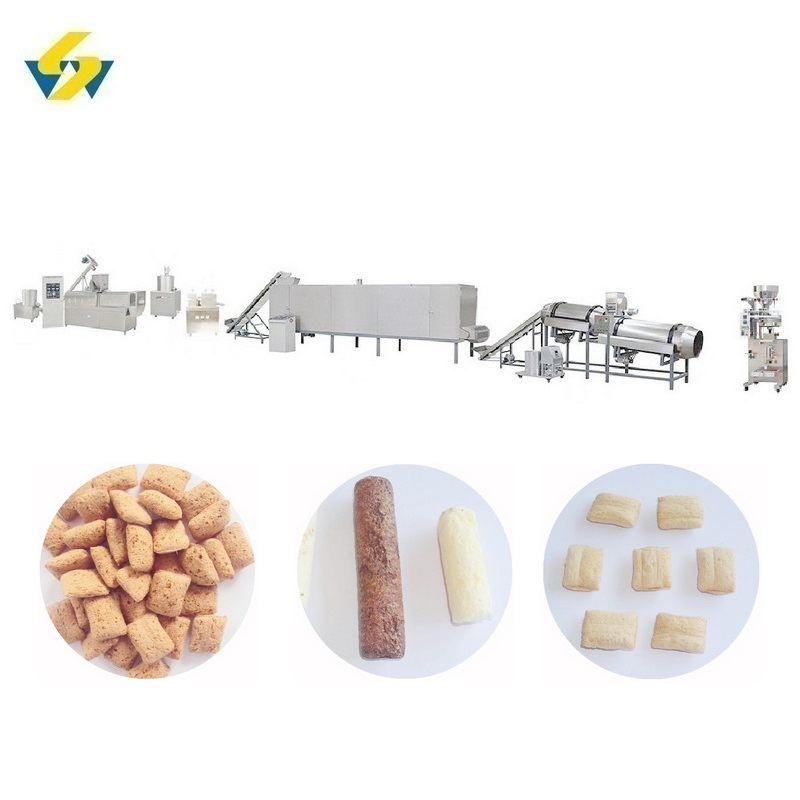 Double-Screw Bite Size Organic Rice and Corn Ingredients Filled Puffed Snacks Manufacturer Production Line Extruder and Drying Equipment
