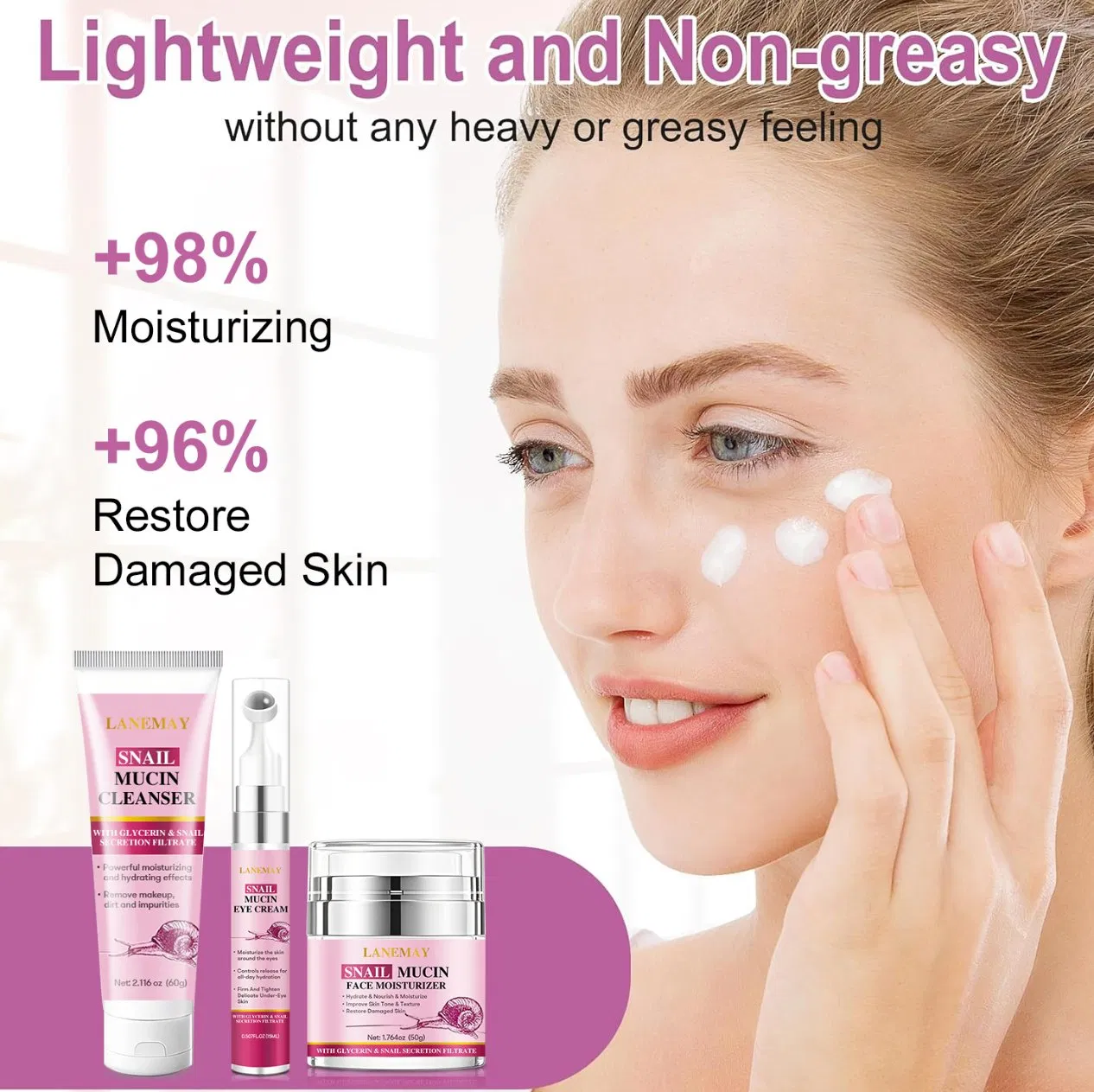 Skin Care 3PCS Snail Collagen Hydrating Functional Face Care Material Whitening Anti-Wrinkle Snail Mucin Face Cream Eye Cream and Cleanser Skin Care Set