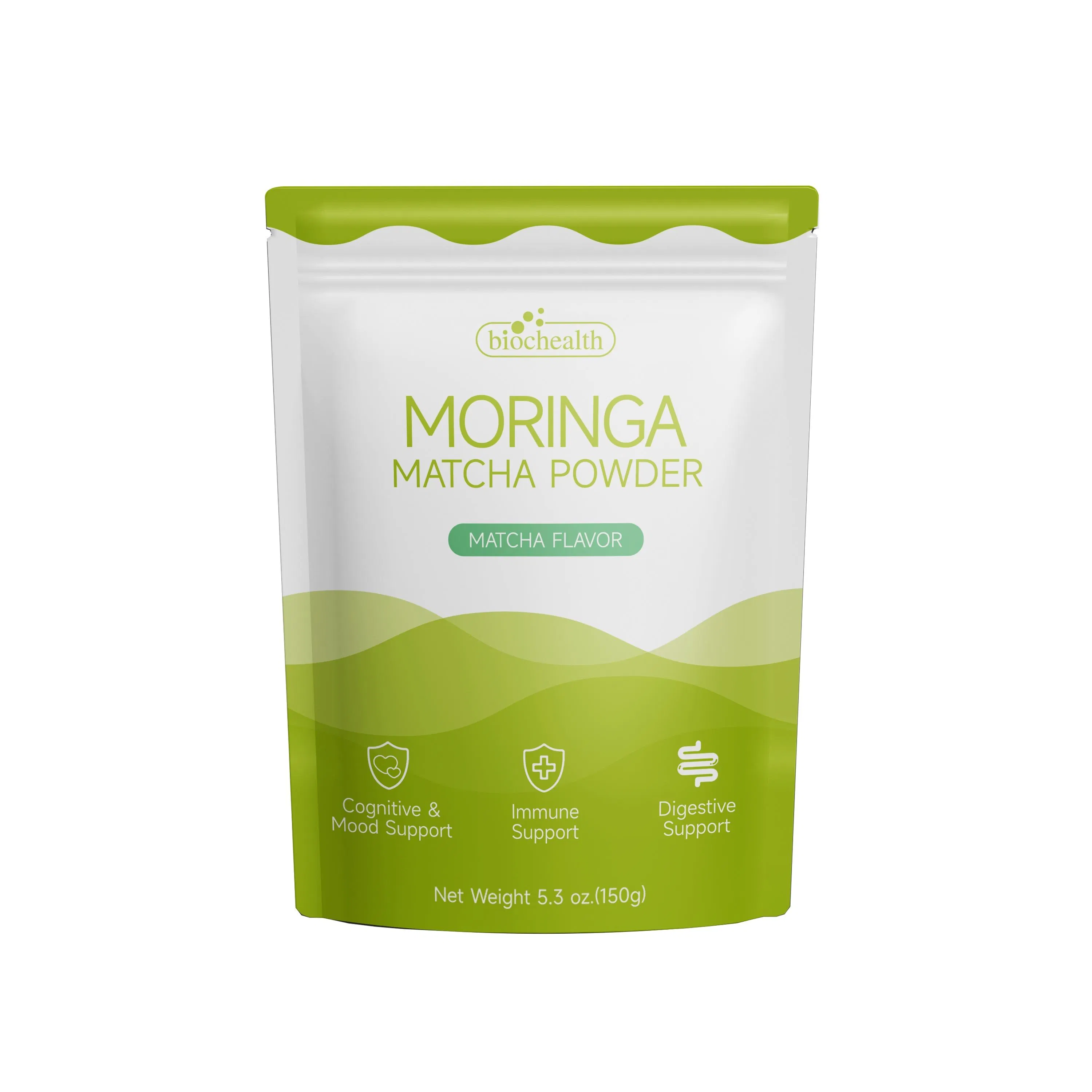 Suplemento de superalimento verde en polvo de moringa orgánica Biochealth con vitamina A, E, K, hierro, calcio y fibra para adultos