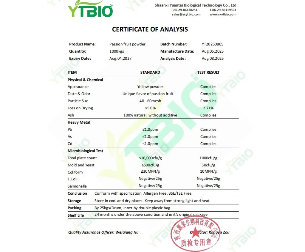 Especificación de polvo de fruta de la pasión