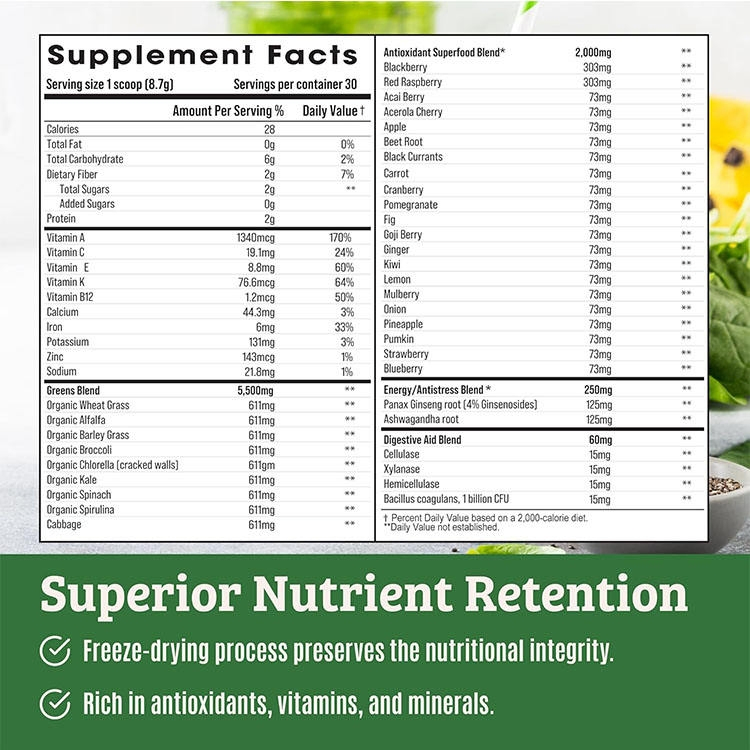 32 Polvo de Supervegetales Nutritivos Polvo de Jugo Verde Superalimento