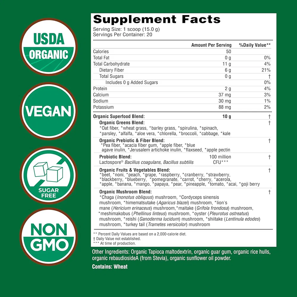 OEM Super Greens 50 Polvo Orgánico de Frutas y Verduras con Hongos y Probióticos