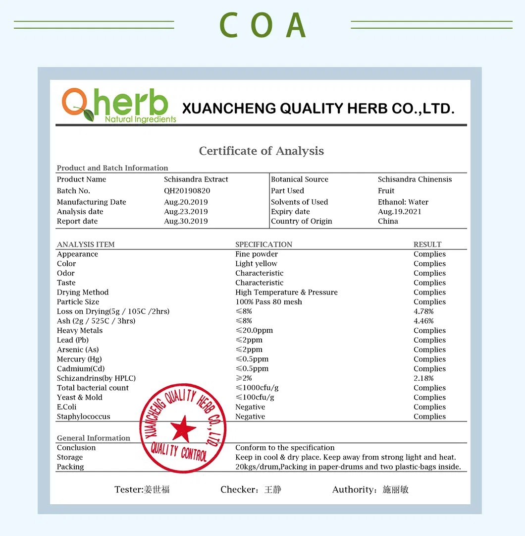 Extracto en polvo de fruta de baya de Schizandra Chinensis 2%~9% Schizandrinas HPLC