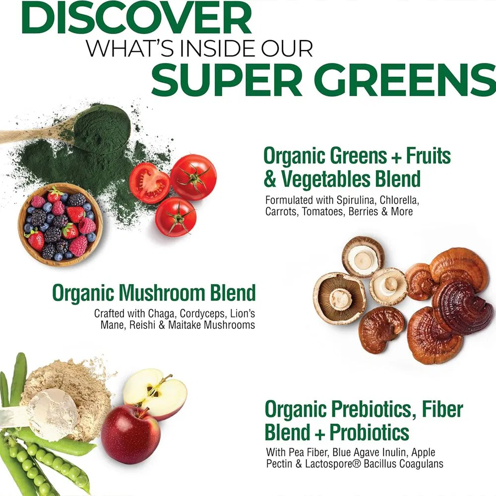 OEM Super Greens 50 Polvo Orgánico de Frutas y Verduras con Hongos y Probióticos en Polvo de Verduras