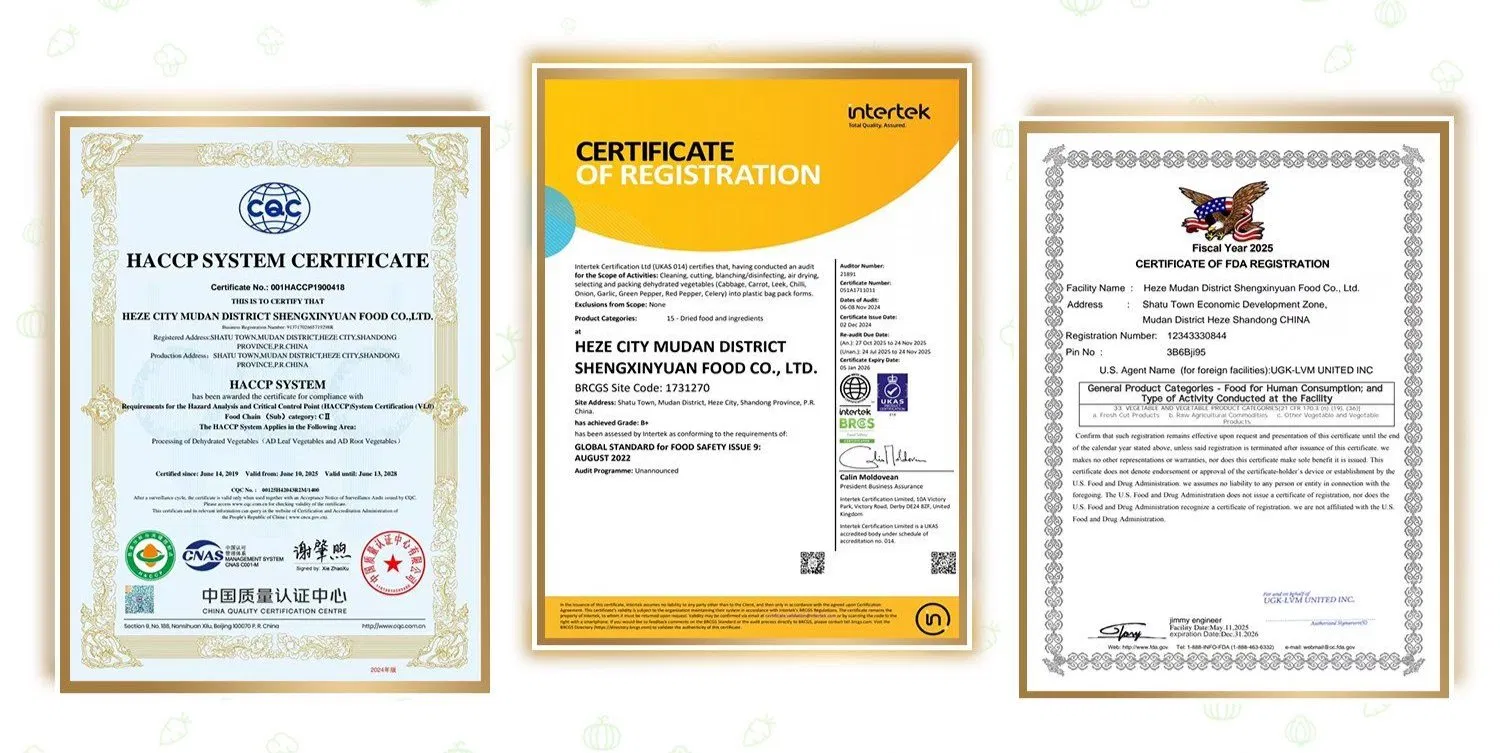 Certificaciones del extracto de hojas secas de verduras frescas