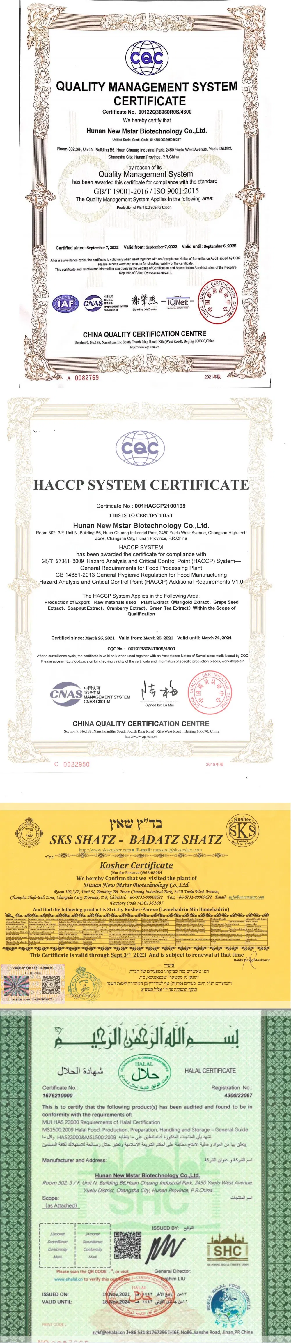 Certificaciones del fabricante de extracto