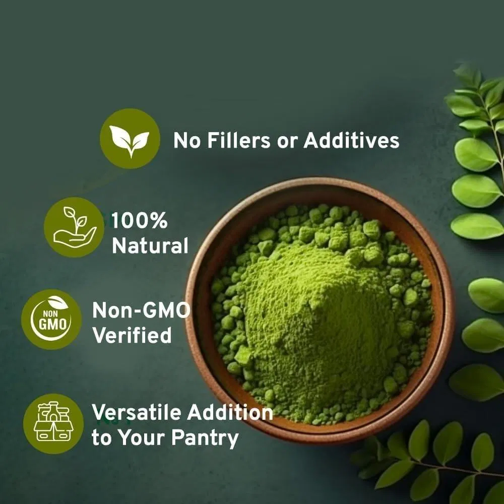 Suplemento de superalimento verde en polvo de moringa orgánica Biochealth con vitamina A, E, K, hierro, calcio y fibra para adultos