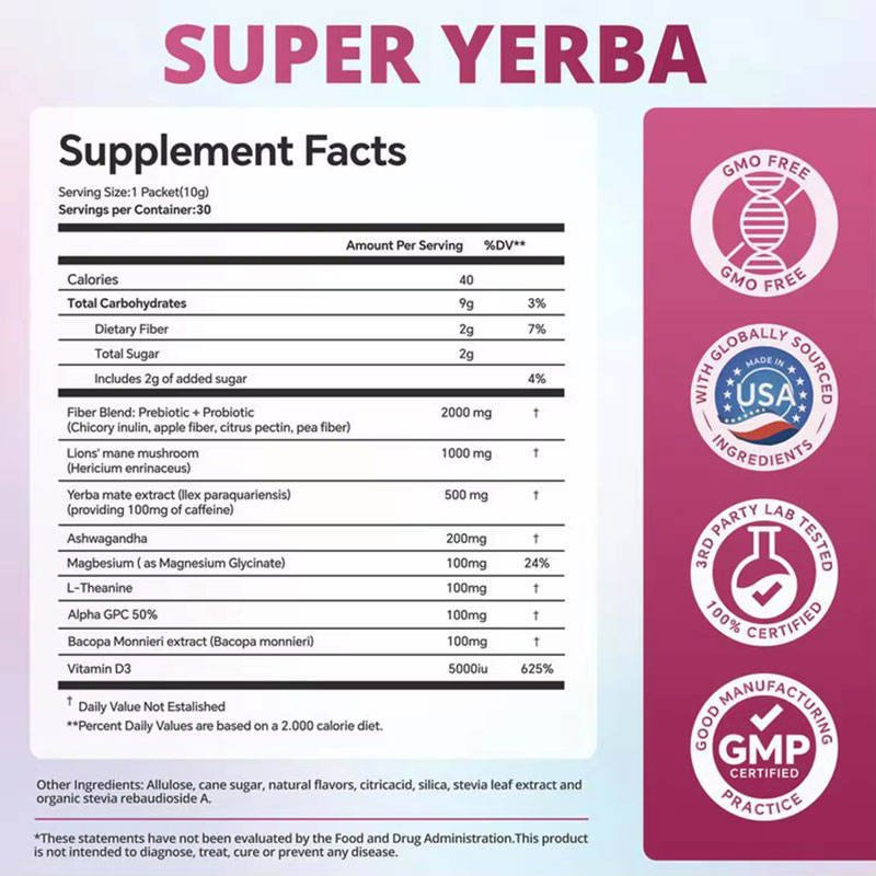 Bebida Energética de Yerba Mate Superalimento Ashwagandha Vitamina D3 Magnesio Polvo de Yerba Mate