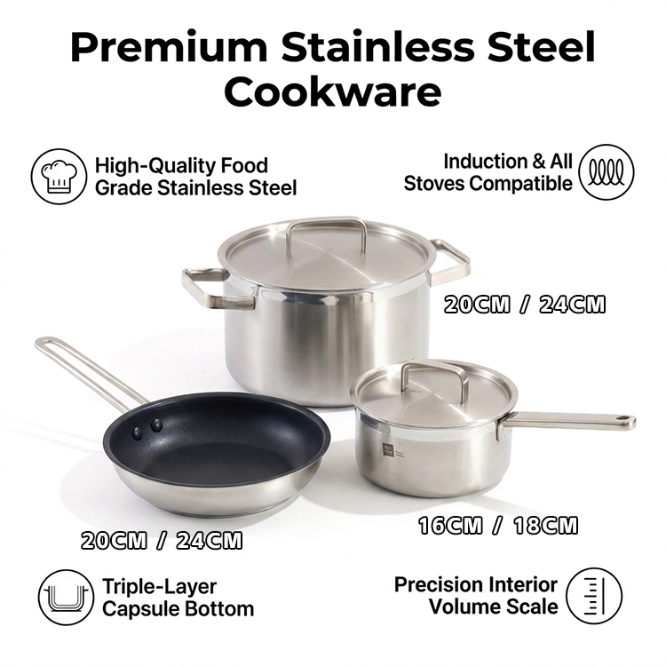 Stainless Steel Saucepan Stock Pot Set Heavy Duty Induction Cooking Pots Custom Logo Kitchen Cookware for Restaurant Hotel
