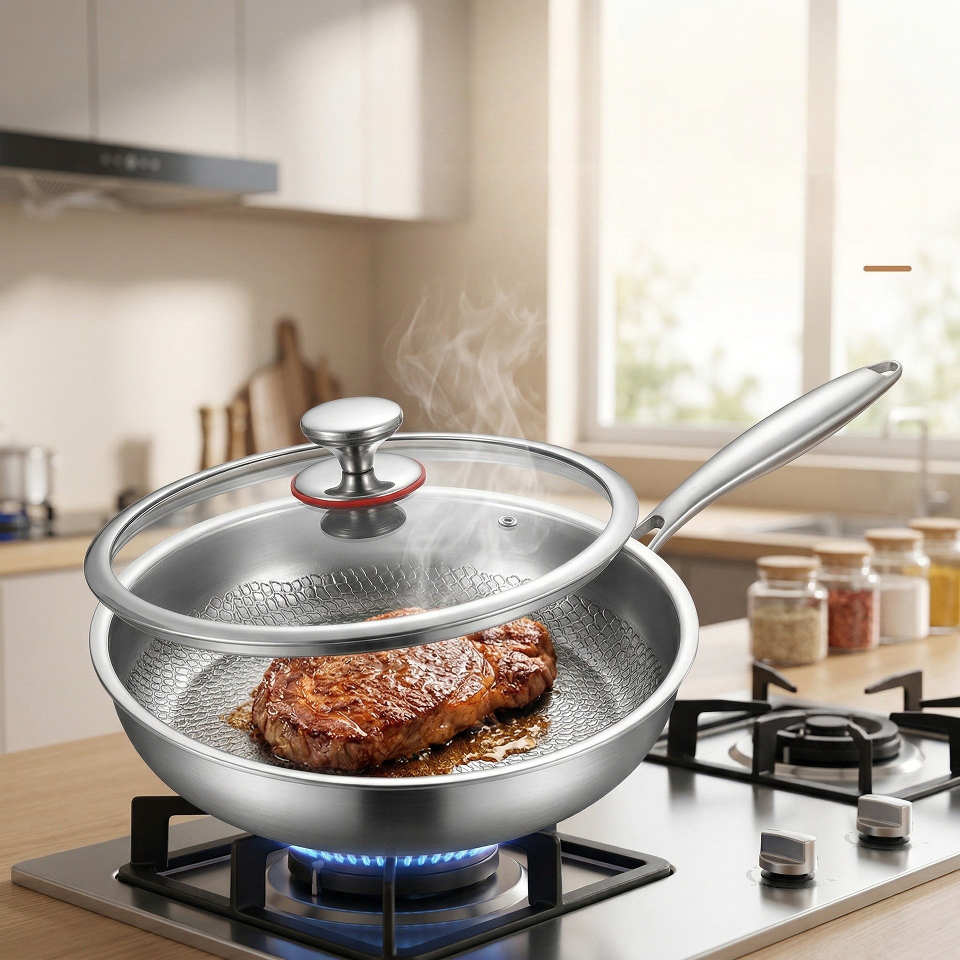 Professional Tri-Ply 304 Stainless Steel Hammered Pan Flat Bottom Nonstick Skillet Glass Lid Easy Clean Hand Wash Only All