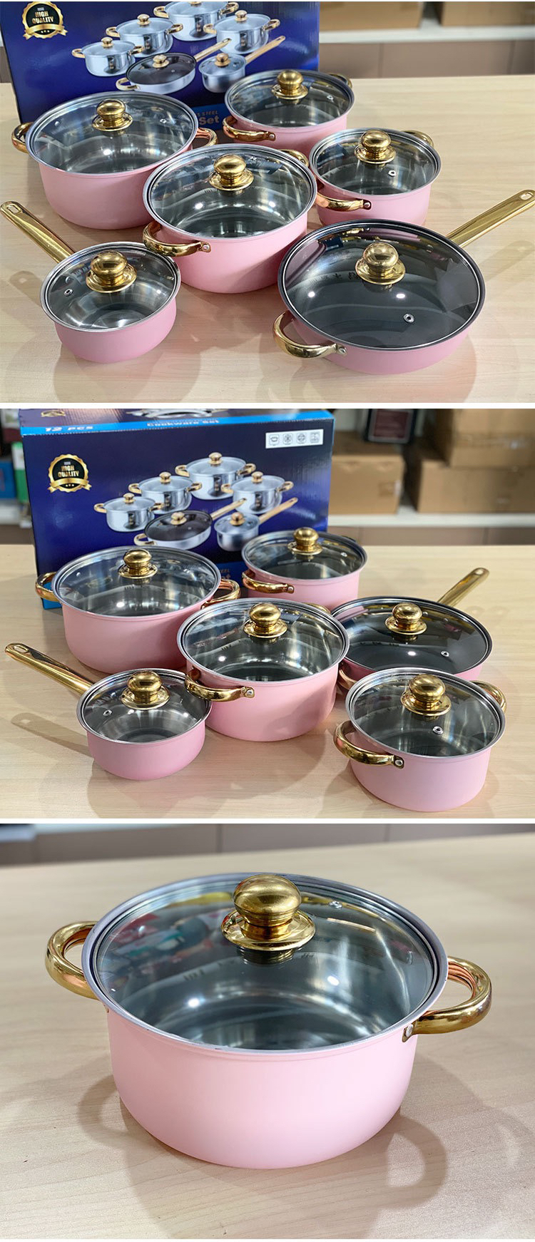 Stock 12-Piece Anti-Rust Stainless Steel Cookware Set Non-Stick Kitchenware Including Fry Pan Cooking Pot for Kitchen Use Metal