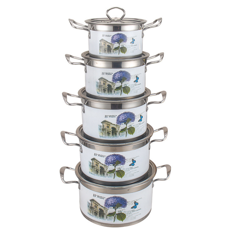 Export-Quality 5-Piece Stainless Steel Soup Pot Set — Compact-Packaged Cookware for Kitchen Cooking Decal Design Induction-Compatible