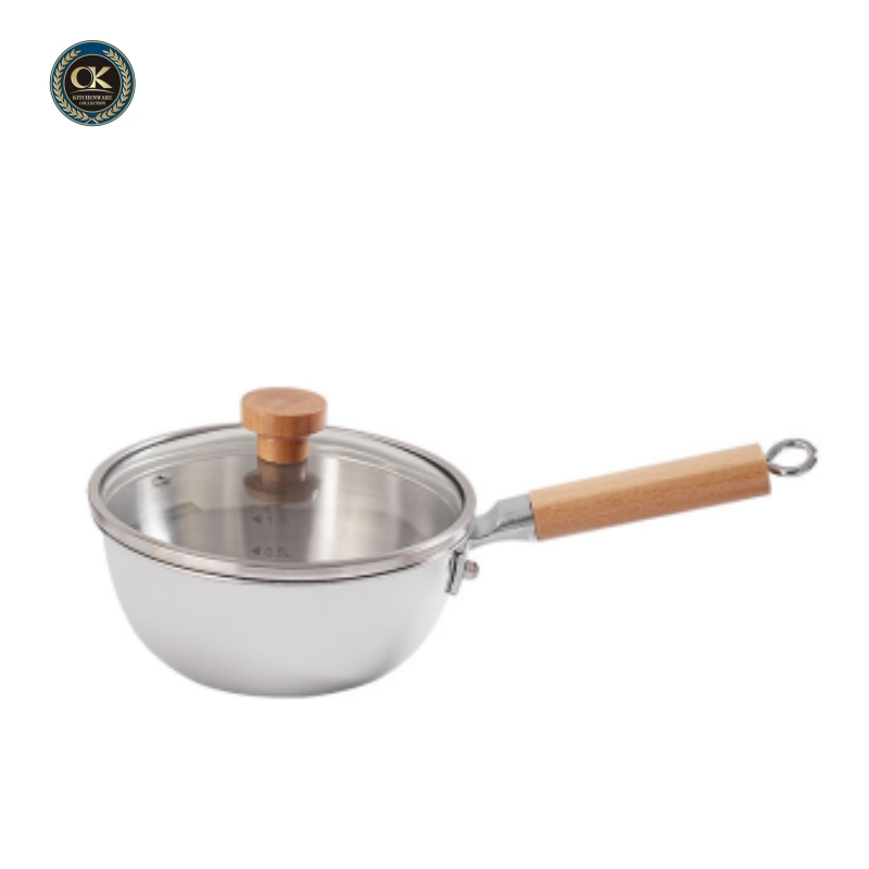 Stainless Steel Frying Pan 316 Sapphire Pan with Wood Hand Grip Containing Glass Cover for Gas &amp; Induction Cookers