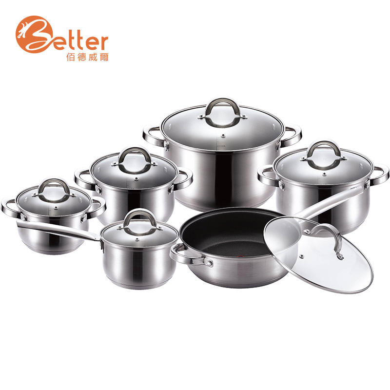 Factory Price 10pcs 304 Stainless Steel Kitchen Cookware Sets with G Type Glass Lid
