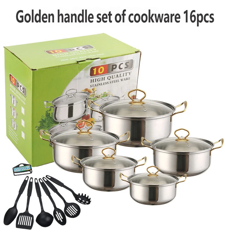 Stainless Steel 10-Piece Smokeless Pot Set Glass Lid Tube Handle Gas Ready Casserole Saucepan Multi-Layer Base Sizes 16-24cm