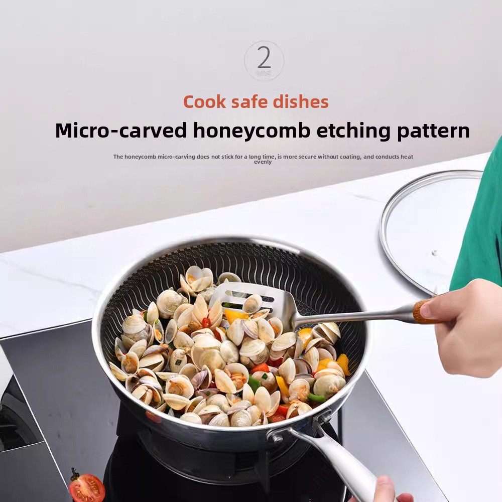 316 Stainless Steel Non-Stick Flat Pan Modern Honeycomb Wok Frying Grill Gas/Induction Compatible 28cm Black CE Certified Pot