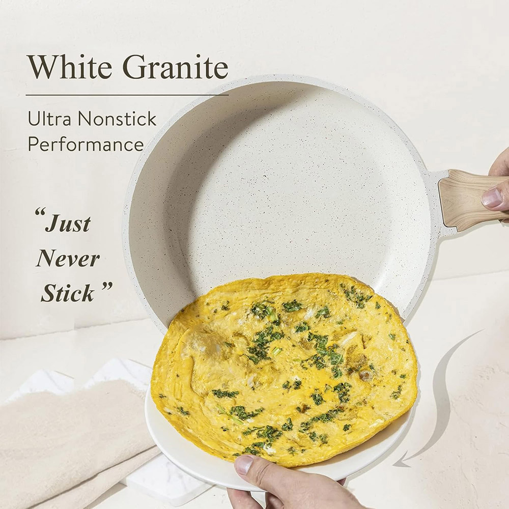 Non-Stick Medical Stone Frying Pan Skillet Eco-Friendly Wood Handle Glass Lid PFOA Free Oven Safe