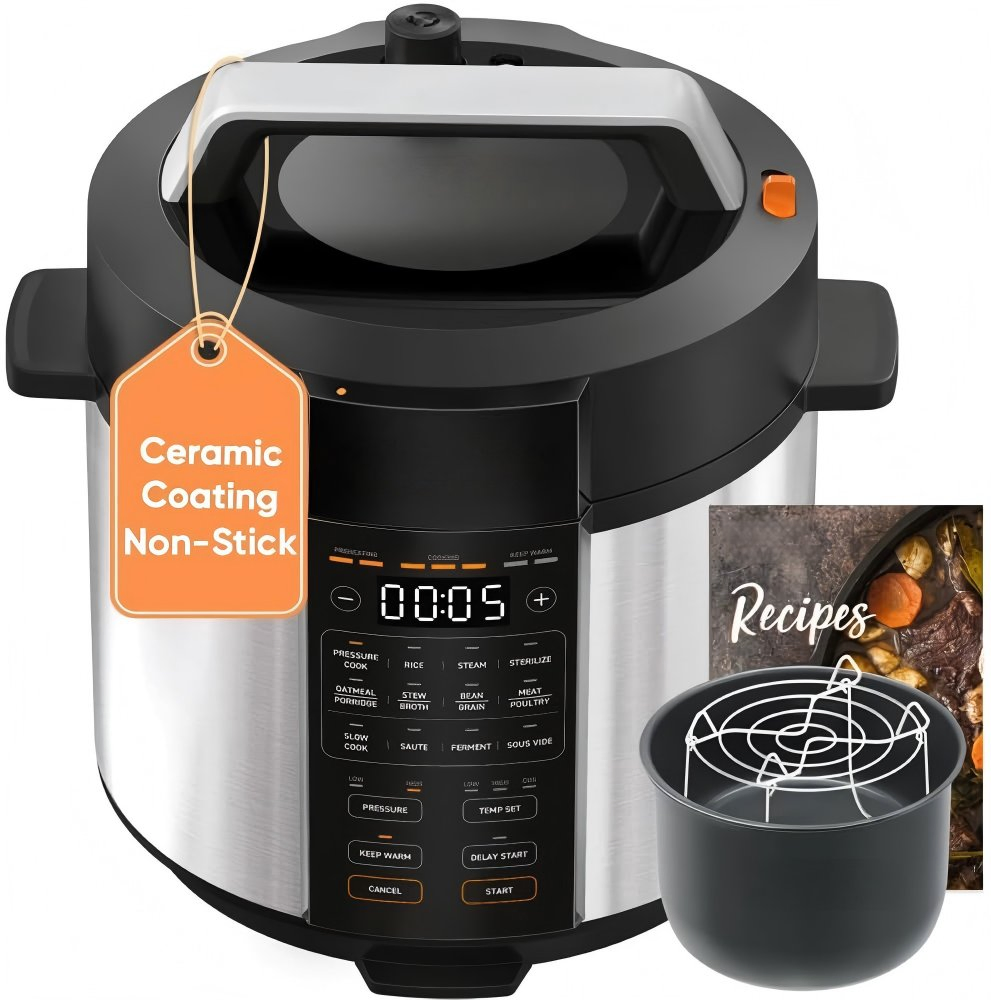 Pressure Cooker 6qt, Stainless Steel, 9-in-1 Multi Cooker, 12 Safety Features, Ceramic Inner Pot, Rice, Slow Cook, Sous Vide, Saute, 1100W