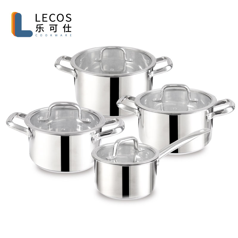 LECOS Factory Price OEM 8-Pieces Kitchen Soup Stock Pot Induction Stainless Steel Universal Cooking Set Cookware with Glass Lids