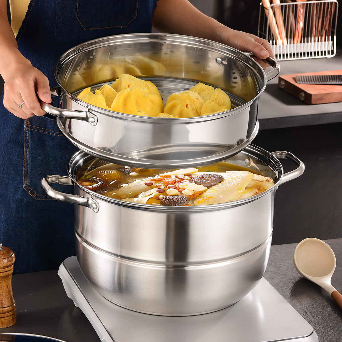 Stainless Steel Kitchen 10-Piece Cookware Set Eco-Friendly Home Cooking Soup Pot Steamer Pot Steamer Basket Large Capacity Home