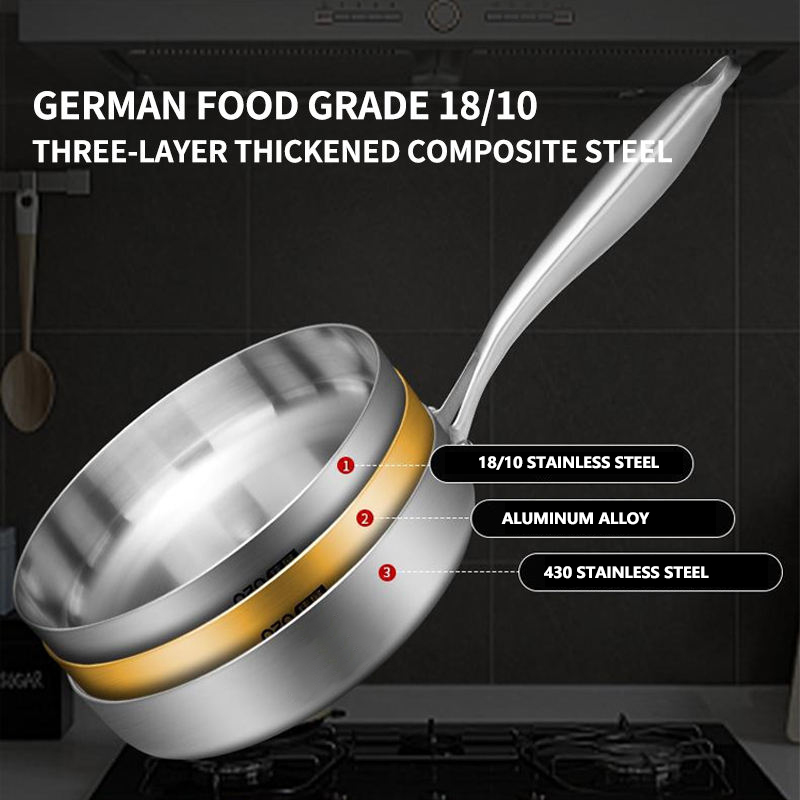 OEM/ODM 20-32cm Hollow Handle Restaurant Chinese Round Deep Non Stick Skillet Triply 304 Stainless Steel Frying Pan No Toxic