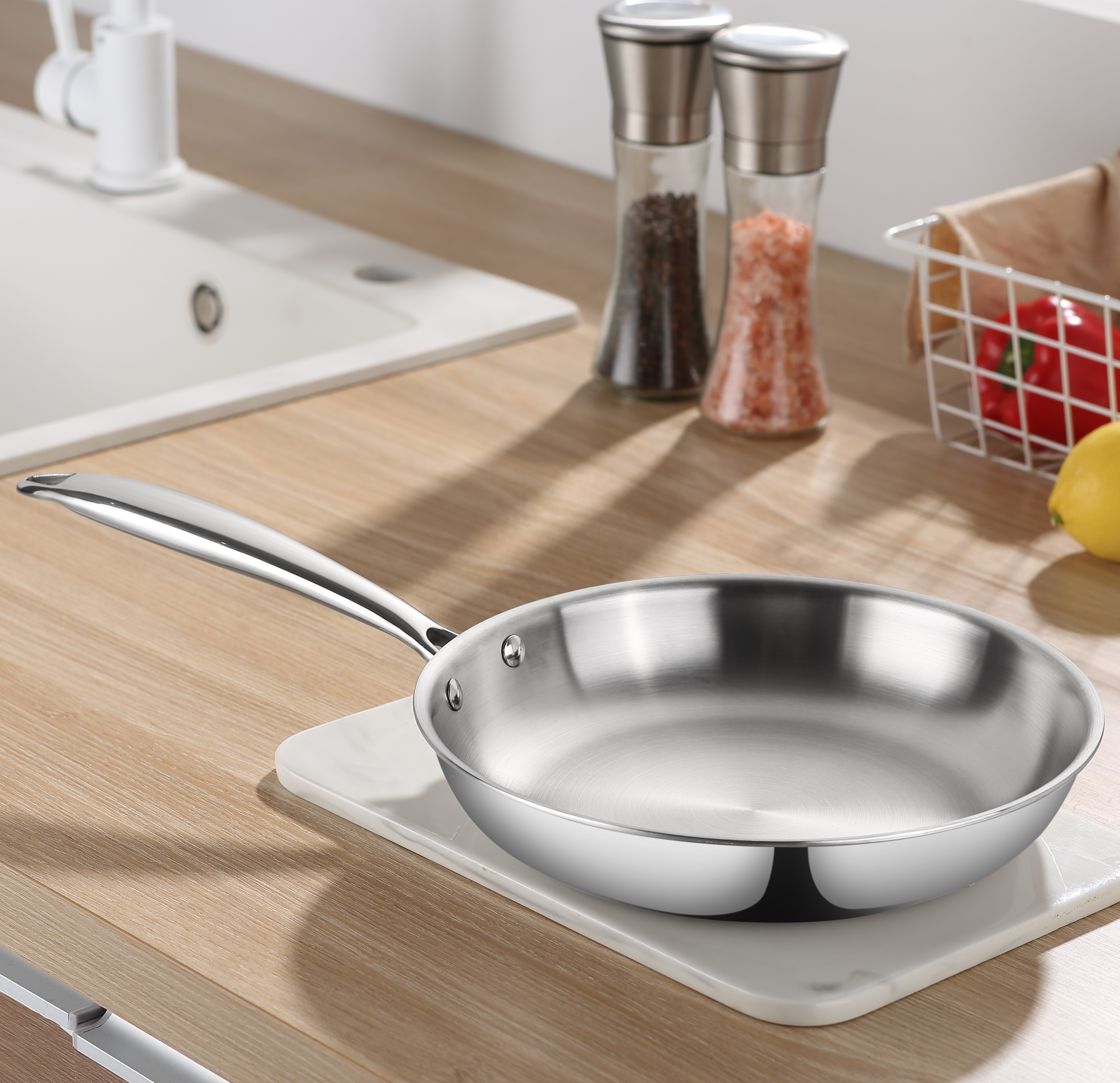 Premium Frypan Stainless Steel Mirror Finish Tri-Ply Clad No Coating Quick Heating Even Heat Distribution Skillet