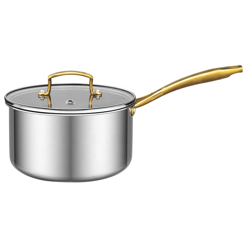 Custom Cookware 18-24cm Tri-ply Stainless Steel Gold Handle Induction Bottom Stock Pot Dutch Oven Cooking Pot Casserole