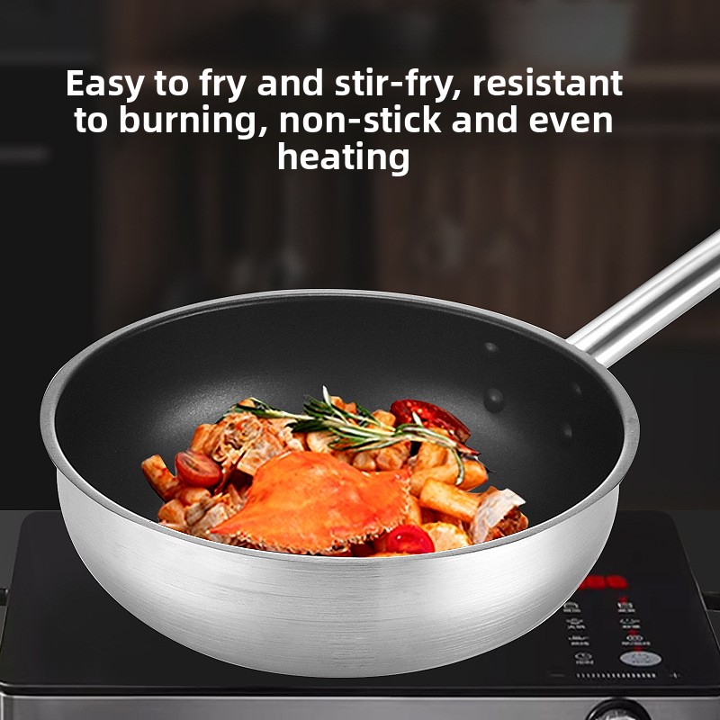 Stainless Steel Frying Wok Non-stick Coating Single Handle Three-Layer Bottom Fried Egg Pancake Steak Household Commercial