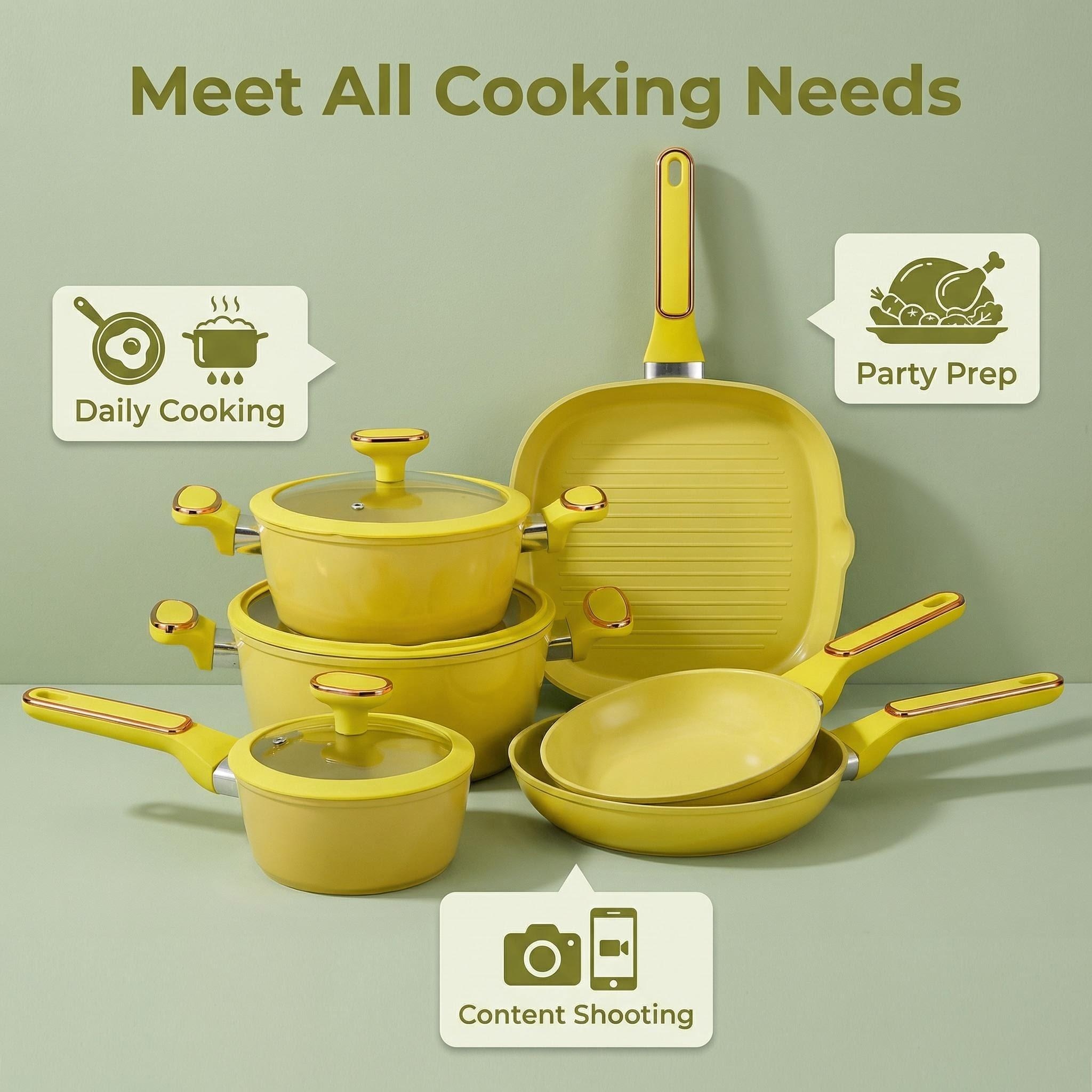 Aluminum Cookware Set with Non-Stick Ceramic Coating Pots Pans Handles Glass Fry Pan Casserole Saucepan Wholesale