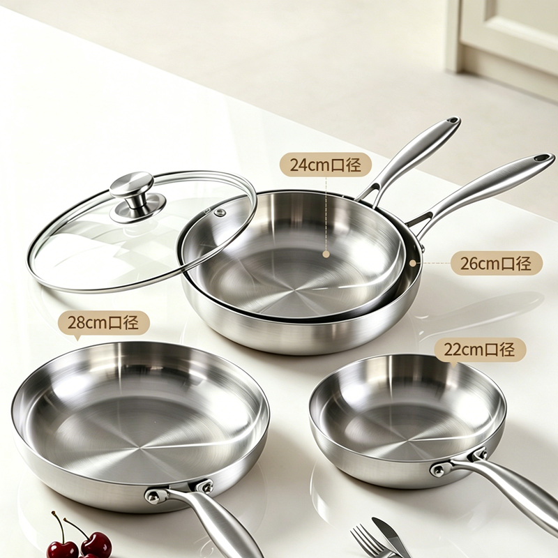 Tri-Ply Fry Pan 22/24/26/28CM 304 Stainless Steel Pan With Lid Kitchen Frying Pan Induction Gas Cooker