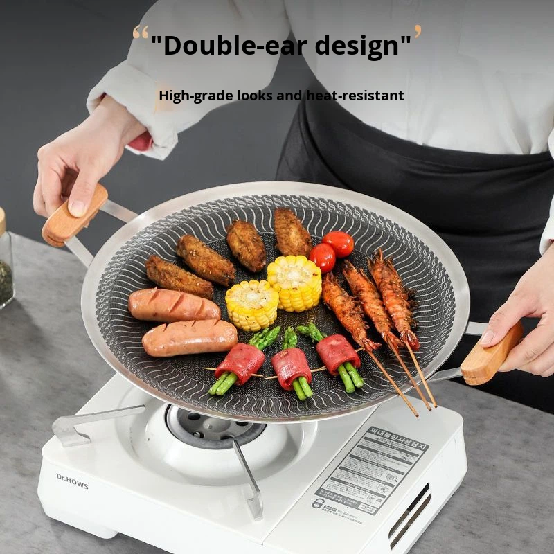 316 Stainless Steel Skillet Non-Stick Double Handled Sustainable Cookware Pans Korean Style Fried Noodles Grilling Honeycomb Gas