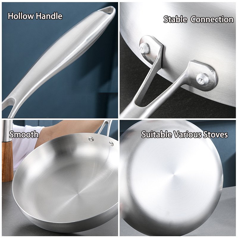 Universal Stove Three Layers Thickened Uncoated Egg Steak Non Stick Fry Pans Skillet 304 Stainless Steel Non Stick Frying Pan
