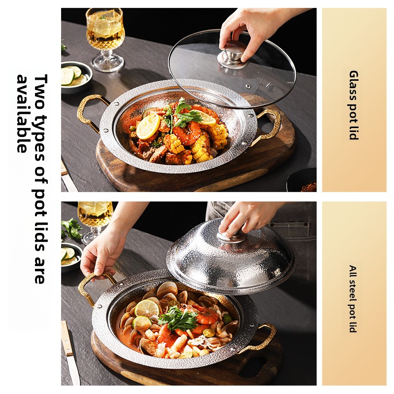 Yolecen Commercial Stainless Steel Soup Stock Pot Hammer Pattern Snowflake Wide Edge Dry Hot Pot Plate Thickened Seafood Pot