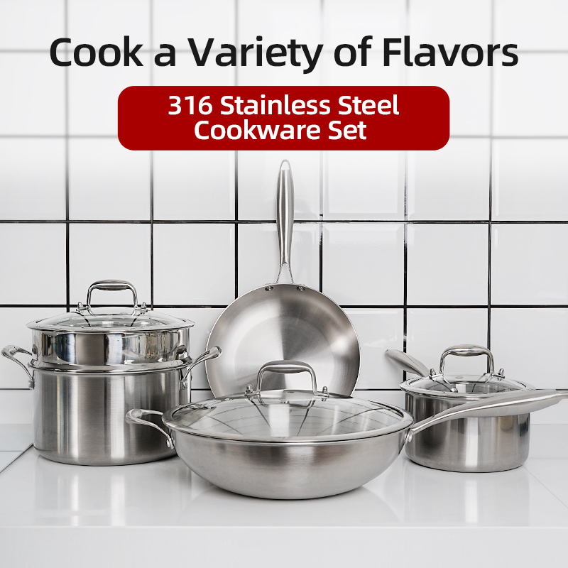 Custom Luxury Kitchen 4 Size Thicken 2.5mm 3 Ply Stainless Steel 316 Non Stick Steamer Cookware Frying Wok Pan and Pot Set