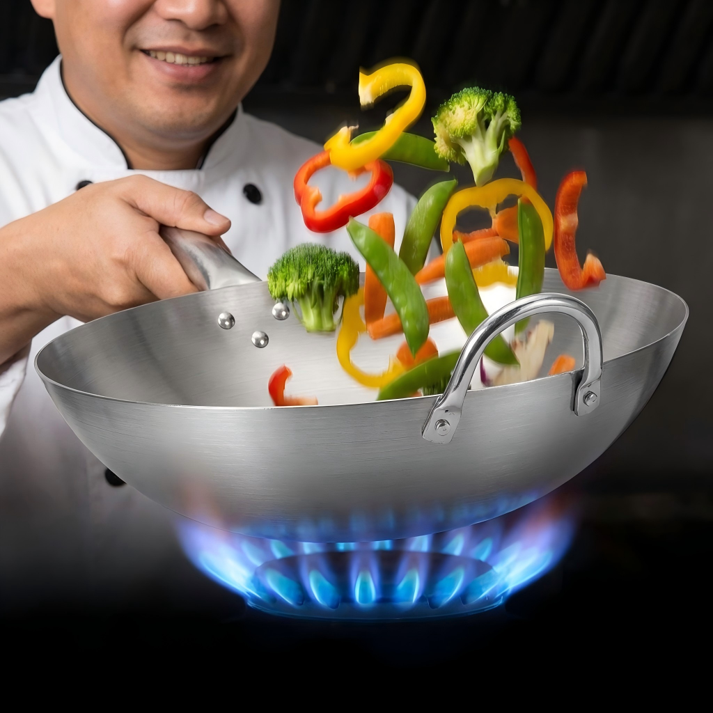 FLEY 2-3L Uncoated Stainless Steel Long Handle Fry Pan Gas Induction Compatible Commercial Wok For Hotel Canteen Cooking