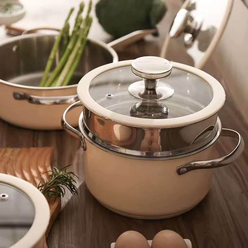 Korean Stainless Steel Colored Paint Kitchen Cook 3 Ply Bottom Cookware Sets with Glass Lid Large Big Soup Milk Pots