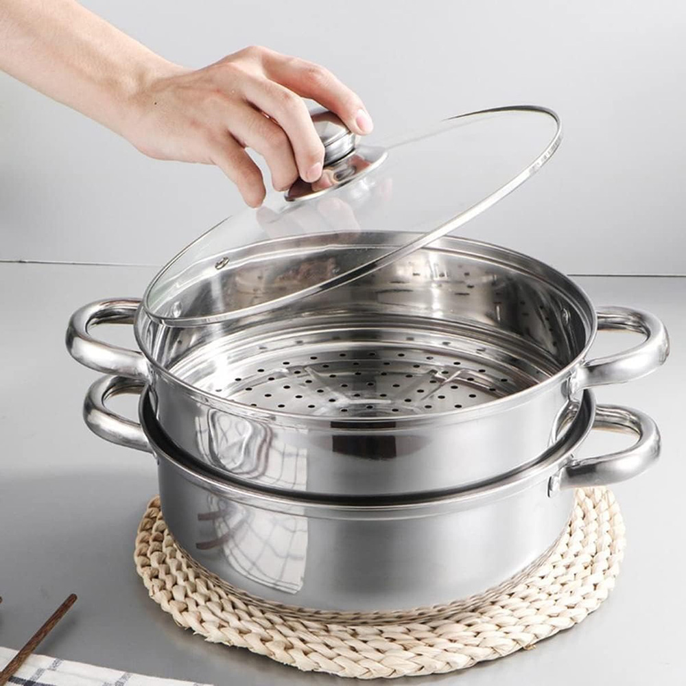Eco-Friendly 3-Tier Stainless Steel Steam Pot with Glass Cover 15L Capacity for Gas &amp; Induction Stoves Multipurpose Cookware