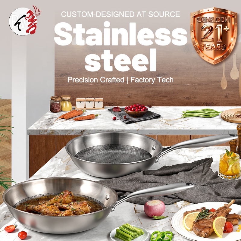 OEM/ODM 304/316 Triply Stainless Steel Frying Pan 20cm 24cm Kitchen Cooking Non Stick Honeycomb Coating Skillet Cookware