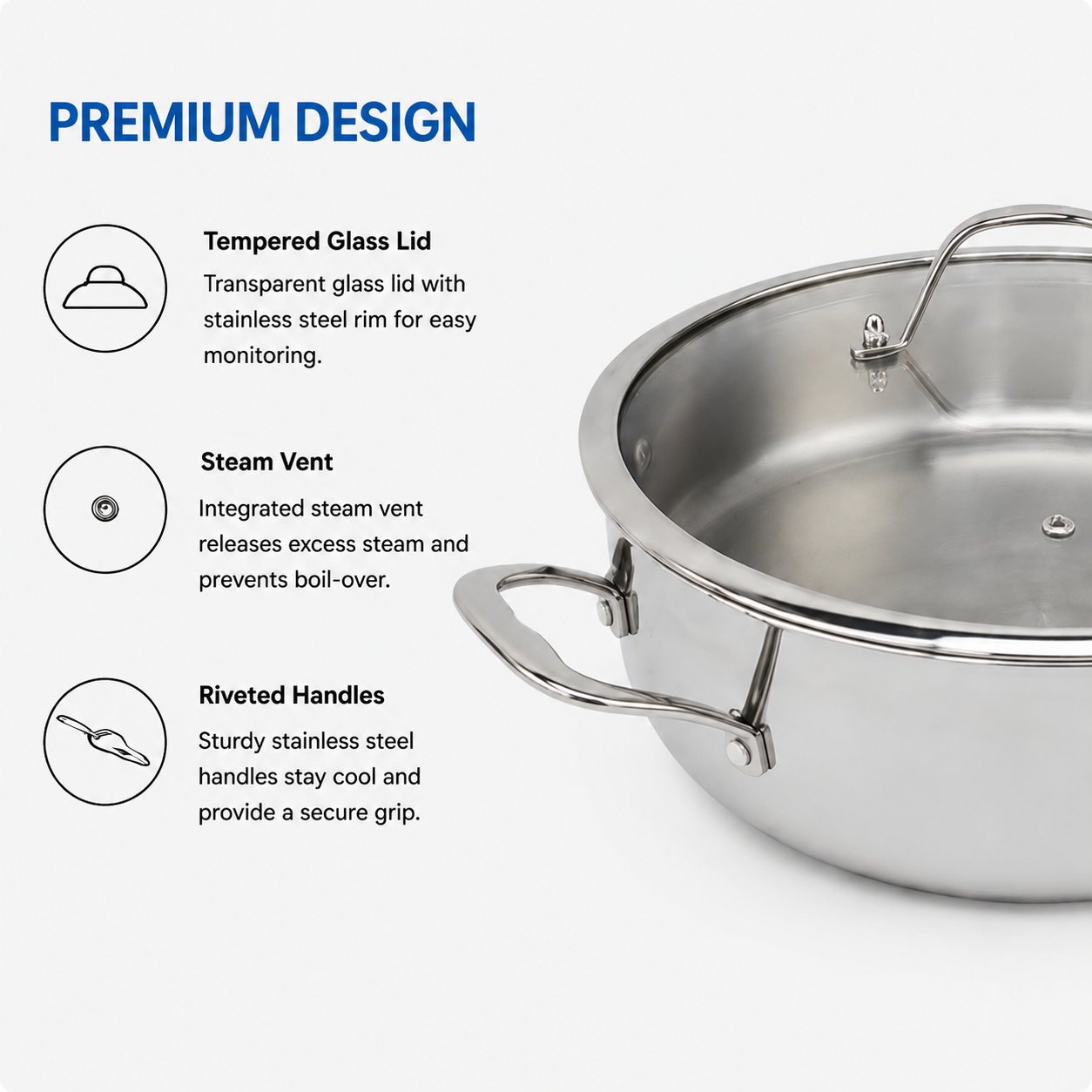 Factory New Arrival Tri-ply Stainless Steel Dutch Oven Cooking Pot Set Eco-Friendly Oven Safe Tempered Glass Lid Dishwasher Safe