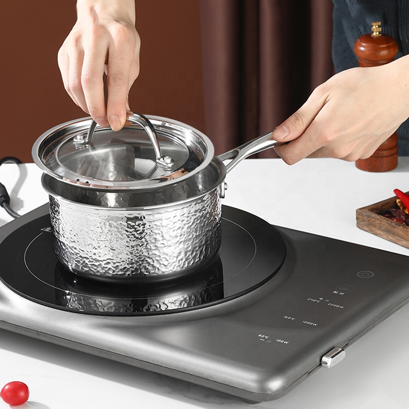 Triply Stainless Steel Saucepan Luxury Hammer Pattern Milk Pot Glass Lid Dishwasher Safe 16cm Soup Stock Pots Stainless Steel